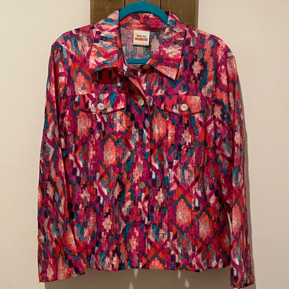 Ruby Rd. Pink and Blue Abstract Jacket - Picture 1 of 6